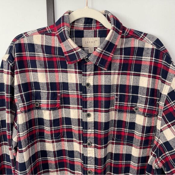 [XXL] Jach’s Men’s Red, Blue & Creme White Plaid Mid-Weight Button Down Shacket - Picture 7 of 15